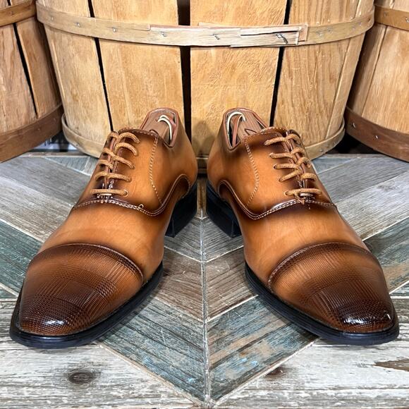 David Stone Burnished Tan Brown Faux Leather Cap Toe Oxfords Mens Size 8 - Picture 7 of 11